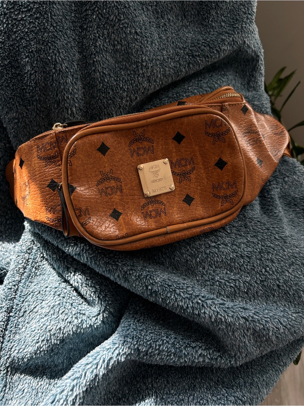 MCM Cognac Logo Visetos Belt Bag with Gold Plaque